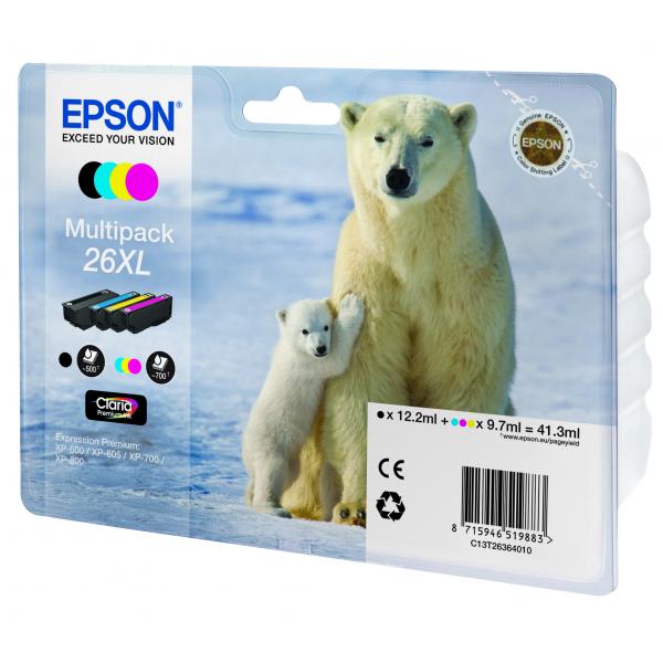 EPSON CART INK MULTIPACK PER XP-600/605/700/800 SERIE 26XL/ORSO POLARE (T262140 + T263240 + T263340 + T263440) [C13T26364010]