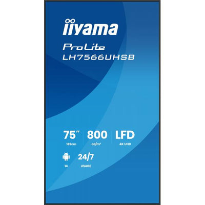 Iiyama Prolite 75 inch - 4k UHD Touch Display - 3840x2160 - 24/7 - Android 14 [LH7566UHSB-B1AG]