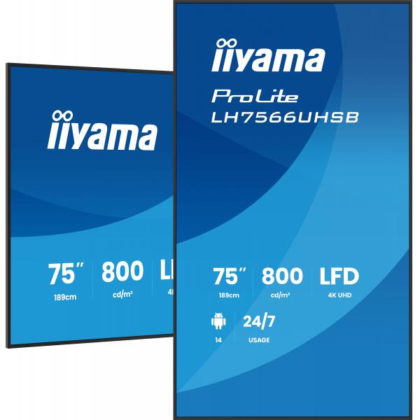 Iiyama Prolite 75 inch - 4k UHD Touch Display - 3840x2160 - 24/7 - Android 14 [LH7566UHSB-B1AG]
