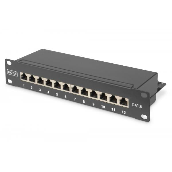 Digitus CAT 6 - Class E patch panel - shielded - 10inch Rack Mount - 12-port RJ45 8P8C - LSA - 1U - Black [DN-91612S]