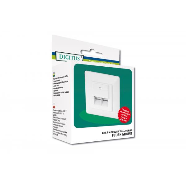 Digitus CAT 6A Class EA Network Wall Outlet - Shielded - 2x RJ45 LSA - Flush Mount - Vert. Cable Install. - White [DN-9005-N]