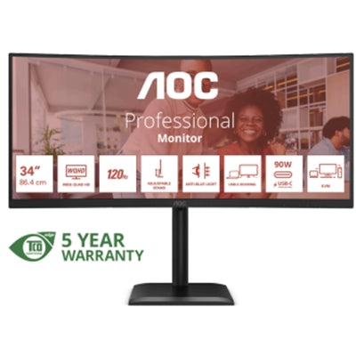 MONITOR AOC LCD CURVED VA 120Hz LED 34" WIDE CU34E4CV 4ms QHD 3500:1 REG.ALT. BLACK 2xHDMI DP HUB USB LAN Vesa Gar. 5 Fino:31/12 [CU34E4CV]