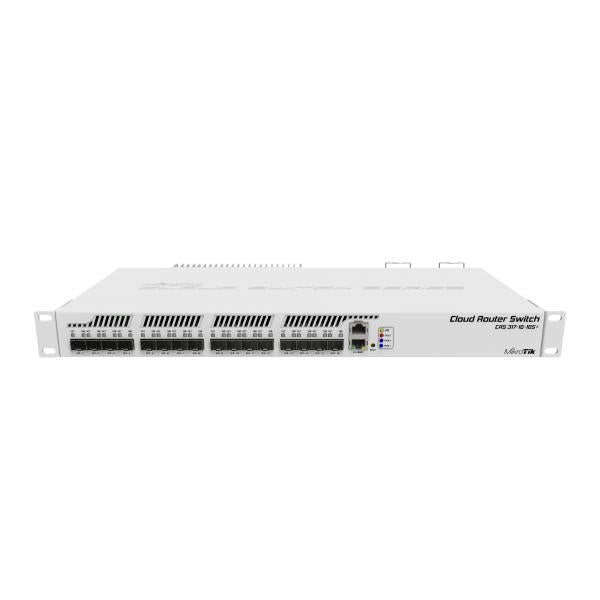 MikroTik, Cloud Router Switch 317, 1G, 16S+RM with 800MHz CPU, 1GB RAM, 1xGigabit LAN, 16xSFP+ cages, RouterOS L5 or SwitchOS (dual boot), passive cooling 1U rackmount enclosure, Dual redundant PSU [CRS317-1G-16S+RM]