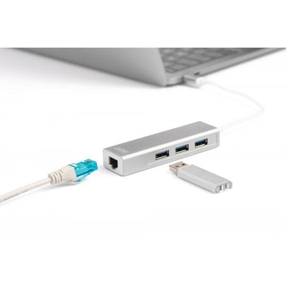 Digitus 3 Port USB 3.0 Type-C Hub with Gigabit Ethernet 3xUSB A/F,1xUSB C/M,1xRJ45 LAN - Win/Mac OS [DA-70255]