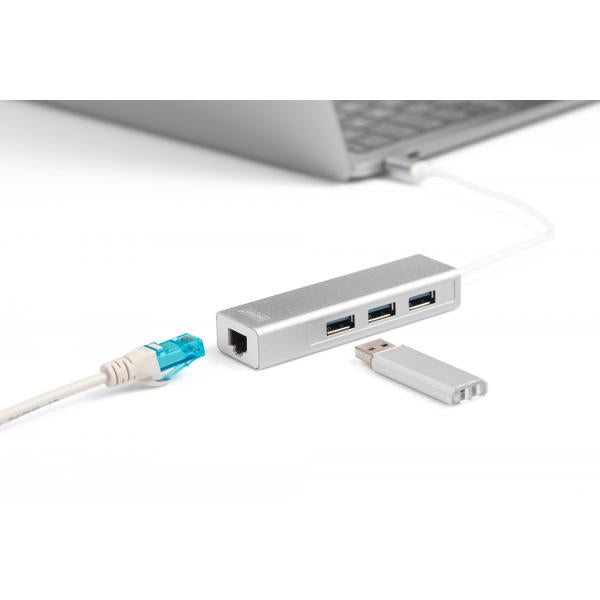 Digitus 3 Port USB 3.0 Type-C Hub with Gigabit Ethernet 3xUSB A/F,1xUSB C/M,1xRJ45 LAN - Win/Mac OS [DA-70255]