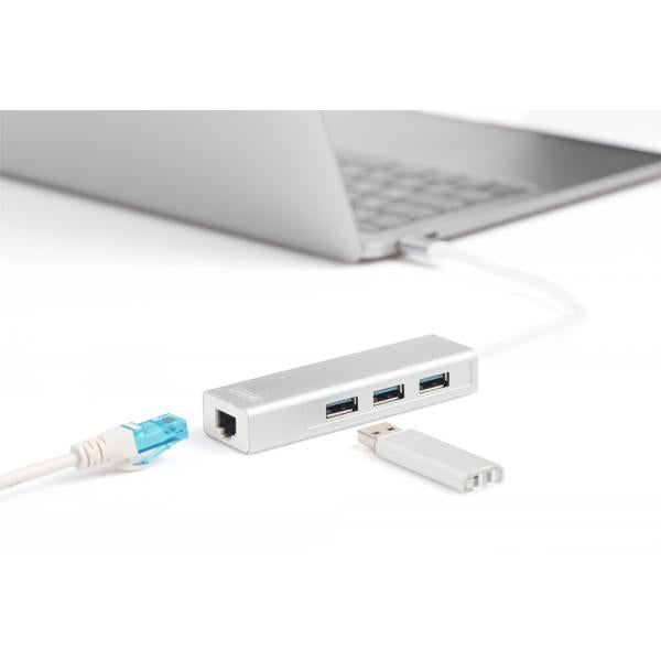 Digitus 3 Port USB 3.0 Type-C Hub with Gigabit Ethernet 3xUSB A/F,1xUSB C/M,1xRJ45 LAN - Win/Mac OS [DA-70255]