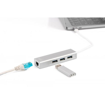 Digitus 3 Port USB 3.0 Type-C Hub with Gigabit Ethernet 3xUSB A/F,1xUSB C/M,1xRJ45 LAN - Win/Mac OS [DA-70255]