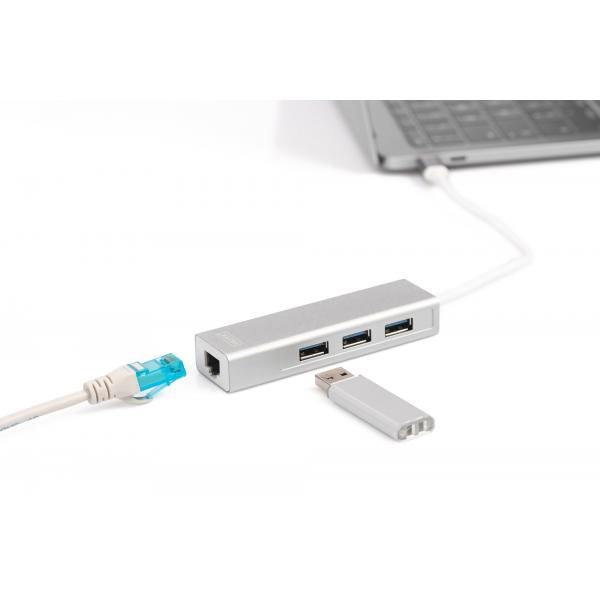 Digitus 3 Port USB 3.0 Type-C Hub with Gigabit Ethernet 3xUSB A/F,1xUSB C/M,1xRJ45 LAN - Win/Mac OS [DA-70255]