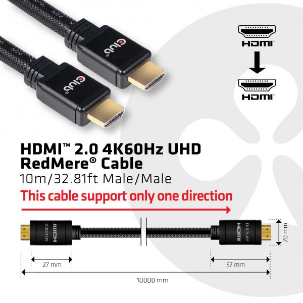 CLUB3D HDMI 2.0 MALE TO HDMI 2.0 MALE HIGH SPEED 4K60HZ UHD - REDMERE 10M/32.8FT [CAC-2313]