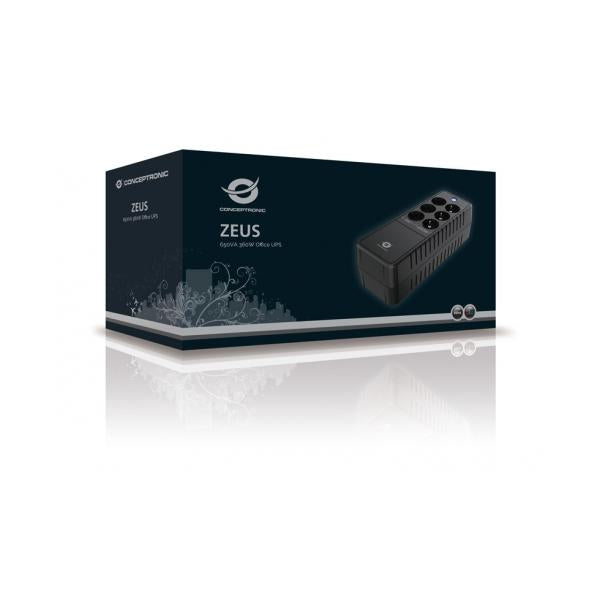 Conceptronic 650VA 360W Office UPS - Battery and Surge Protected Schuko x 3 - Surge Protected Schuko x 3 - RJ45 In/Out [ZEUS05E]