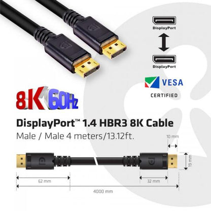 CLUB3D DISPLAYPORT 1.4 HBR3 CABLE MALE / MALE 4 METERS/13.12FT.8K @60HZ 24AWG - BLACK CONNECTOR [CAC-1069B]