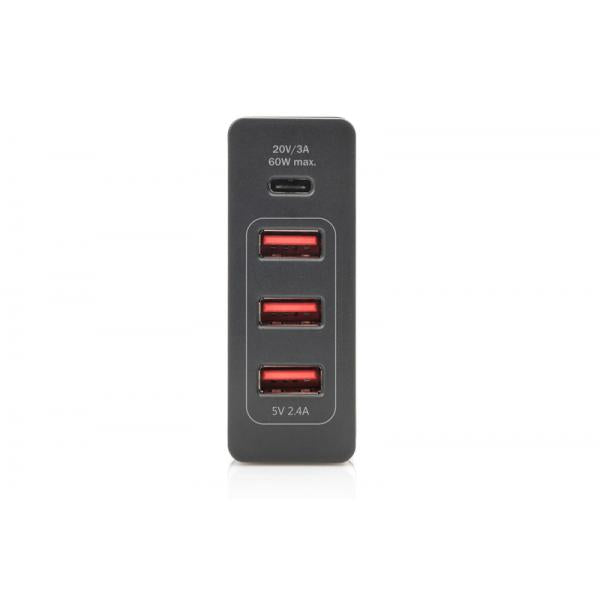 Digitus 4-Port Universal Charging Adapter - 1x USB-C (60W) - 3x USB-A (DC 5V,2.4A) - Black [DA-10195]