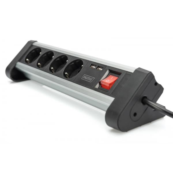 Digitus 4-way Office Power Strip with 2x USB On/Off Switch - Alu-housing - USB out: 5V/2A - Black/Silver [DA-70614]