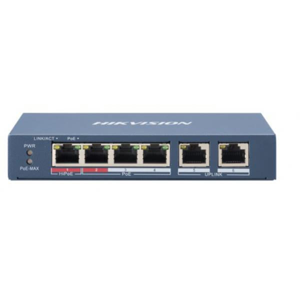 HIKVISION SWITCH 10/100 HI-POE METALLICO L2, UNMANAGED, 4 10/100M RJ45 POE PORTS, 2 10/100M RJ45 UPL [DS-3E0106HP-E]