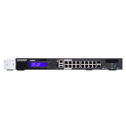 QNAP EDGE Guardian 1600P, 16 1GbE PoE ports with 2 RJ45 and SFP+ combo port. 370W PoE power budget, Intel CeleronJ4115, 2 X 2.5" SSD/HDD, 2 x PCIe Gen 2x2 slots, 1 X USB3.0, 2 X USB 2.0, 1 X HDMI - [QGD-1600P-8G]