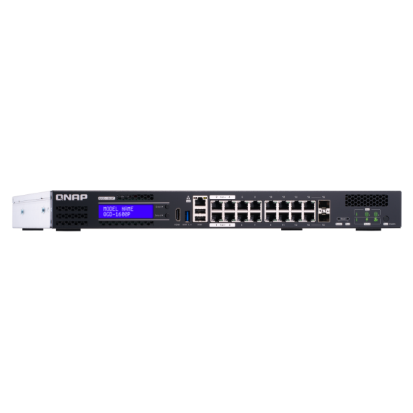 QNAP EDGE Guardian 1600P, 16 1GbE PoE ports with 2 RJ45 and SFP+ combo port. 370W PoE power budget, Intel CeleronJ4115, 2 X 2.5" SSD/HDD, 2 x PCIe Gen 2x2 slots, 1 X USB3.0, 2 X USB 2.0, 1 X HDMI - [QGD-1600P-8G]
