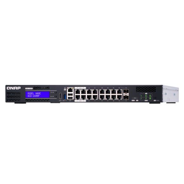QNAP EDGE Guardian 1600P, 16 1GbE PoE ports with 2 RJ45 and SFP+ combo port. 370W PoE power budget, Intel CeleronJ4115, 2 X 2.5" SSD/HDD, 2 x PCIe Gen 2x2 slots, 1 X USB3.0, 2 X USB 2.0, 1 X HDMI - [QGD-1600P-8G]