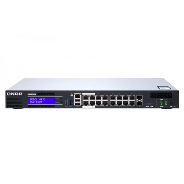 QNAP EDGE Guardian 1600P, 16 1GbE PoE ports with 2 RJ45 and SFP+ combo port. 370W PoE power budget, Intel CeleronJ4115, 2 X 2.5" SSD/HDD, 2 x PCIe Gen 2x2 slots, 1 X USB3.0, 2 X USB 2.0, 1 X HDMI - [QGD-1600P-8G]