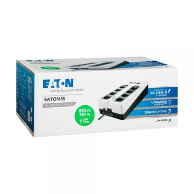 Eaton 3S Gen2 UPS DIN, 850 VA, 510 W, Input: Schuko, Outputs: (4) Schuko, (4) Schuko Surge Only, USB Communication, USB Charge (2) [3S850D]