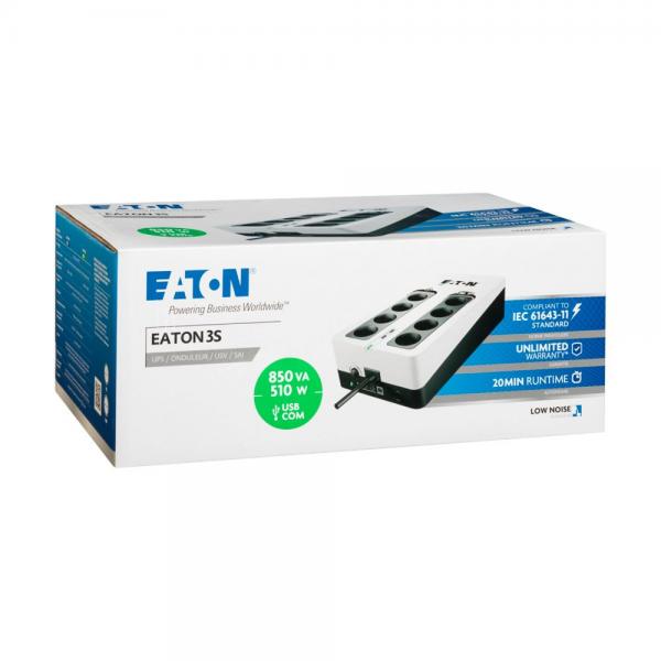 Eaton 3S Gen2 UPS DIN, 850 VA, 510 W, Input: Schuko, Outputs: (4) Schuko, (4) Schuko Surge Only, USB Communication, USB Charge (2) [3S850D]