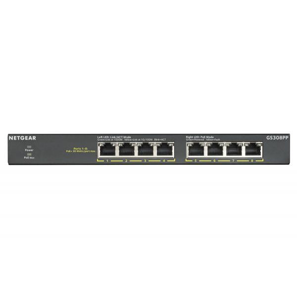 NETGEAR GS308PP Non gestito Gigabit Ethernet (10/100/1000) Supporto Power over Ethernet (PoE) Nero [GS308PP-100EUS]