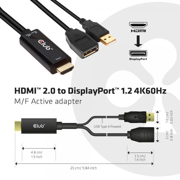 CLUB3D HDMI 2.0 TO DISPLAYPORT 1.2 4K60HZ HDR M/F ACTIVE ADAPTER [CAC-1331]