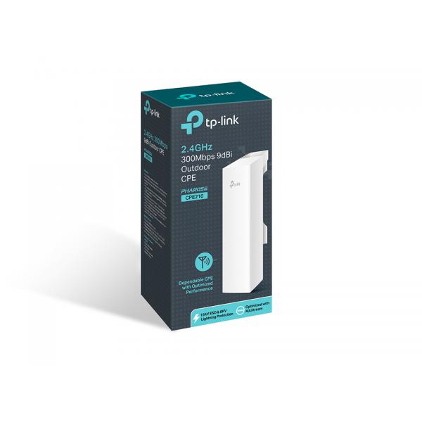 TP-Link - CPE210 - Outdoor 2.4GHz 300Mbps Wireless CPE, Qualcomm, 27dBm, 2T2R, 802.11b/g/n, 9dBi directional antenna, 5+ km, 2 FE Ports,, IP55 Weather proof, Passive PoE, support TDMA and centralized [CPE210]