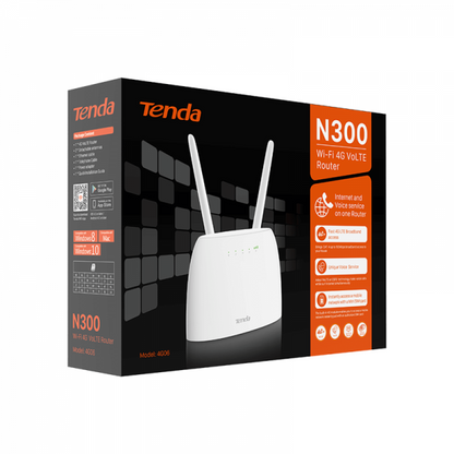 TENDA ROUTER 4G/LTE 300Mbps, 1XLAN/WAN 10/100, 1XLAN 10/100, 1XRJ11 VOLTE, 2 ANTENNE [4G06]