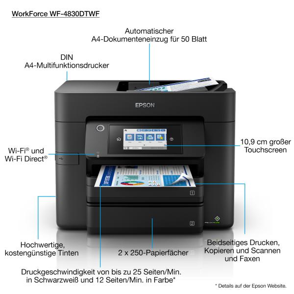 EPSON MULTIFUNZIONE INK A4 COLORE, WF-4830DTWF, 12PPM 4800X2400DPI, FRONTE/RETRO, USB/LAN/WIFI, 4 IN 1 [C11CJ05402]