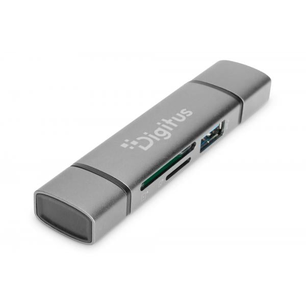 Digitus Combo Card Reader Hub (USB-C+USB 3.0) 1x SD - 1x MicroSD - 1x USB 3.0 - Grey [DA-70886]