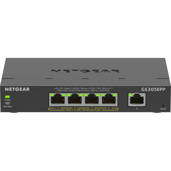 NETGEAR 5-Port Gigabit Ethernet High-Power PoE+ Plus Switch (GS305EPP) Gestito L2/L3 Gigabit Ethernet (10/100/1000) Supporto Power over Ethernet (PoE) Nero [GS305EPP-100PES]