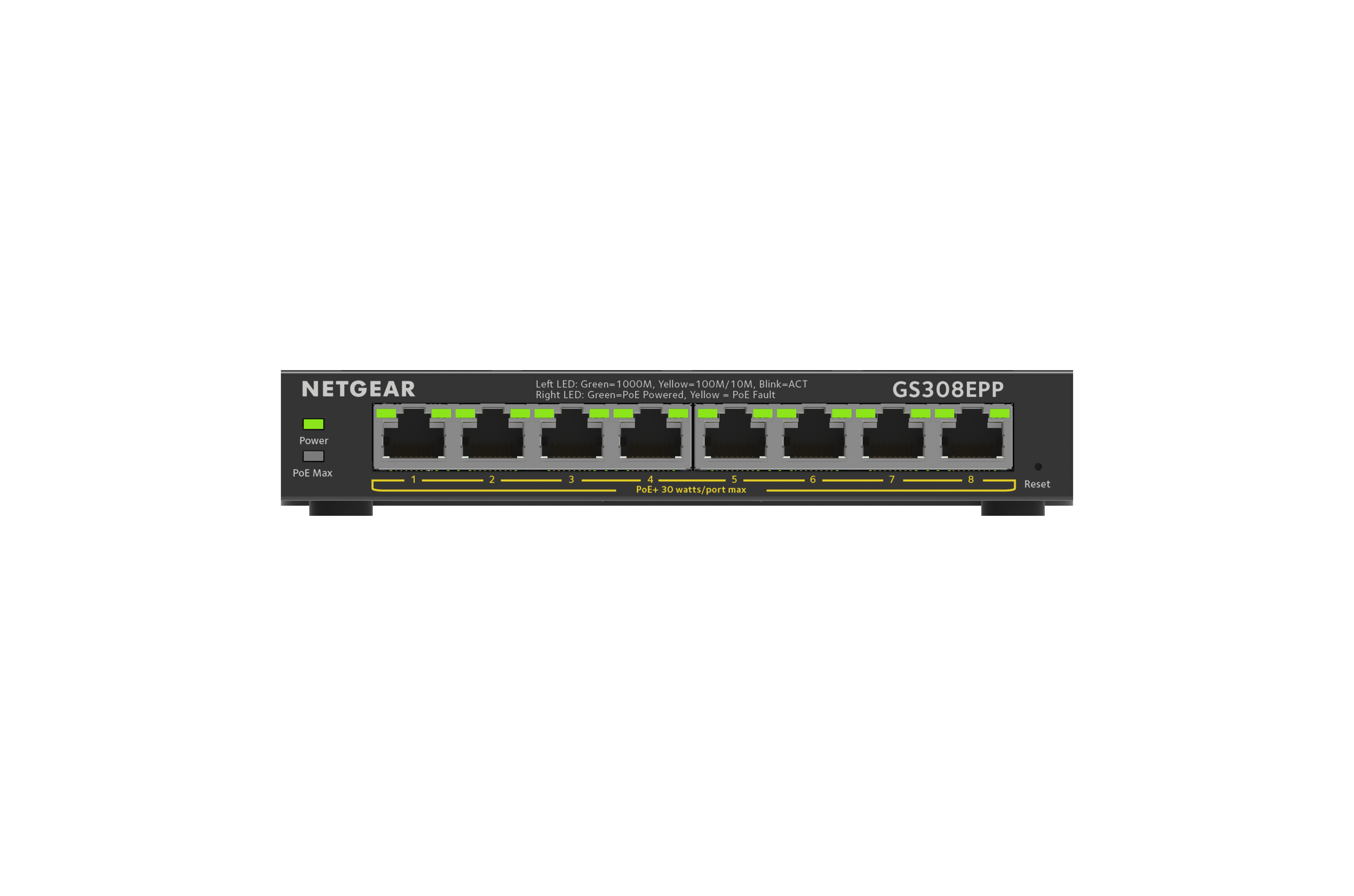 NETGEAR 8-Port Gigabit Ethernet High-Power PoE+ Plus Switch (GS308EPP) Gestito L2/L3 Gigabit Ethernet (10/100/1000) Supporto Power over Ethernet (PoE) Nero [GS308EPP-100PES]