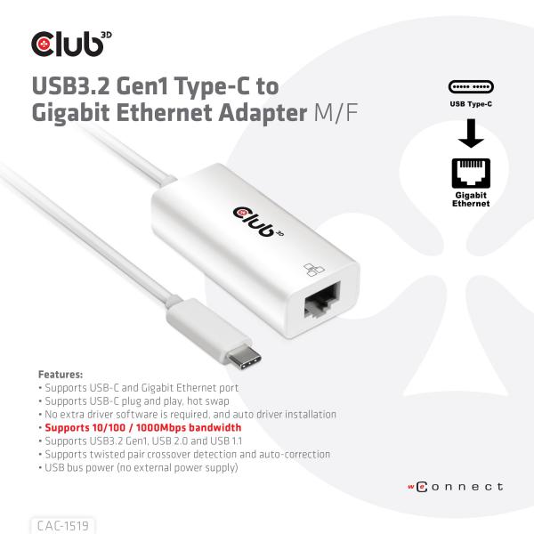 CLUB3D USB TYPE C 3.1 GEN 1 GEN 1 MALE TO 1GB ETHERNET FEMALE ACTIVE ADAPTER [CAC-1519]