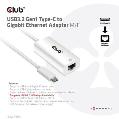 CLUB3D USB TYPE C 3.1 GEN 1 GEN 1 MALE TO 1GB ETHERNET FEMALE ACTIVE ADAPTER [CAC-1519]