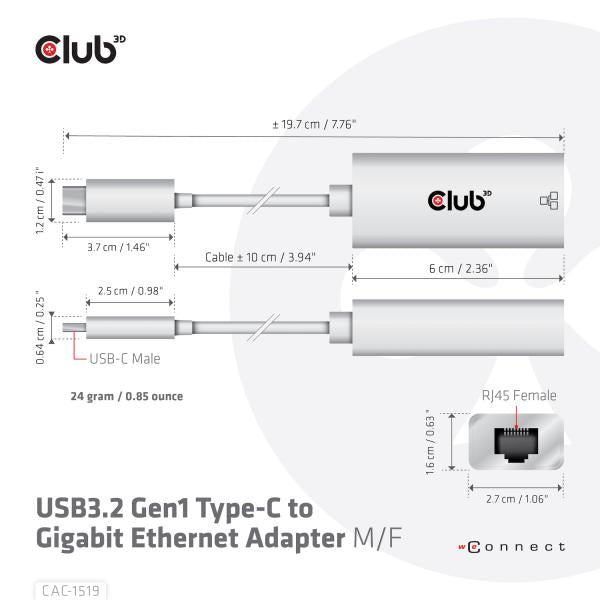 CLUB3D USB TYPE C 3.1 GEN 1 GEN 1 MALE TO 1GB ETHERNET FEMALE ACTIVE ADAPTER [CAC-1519]