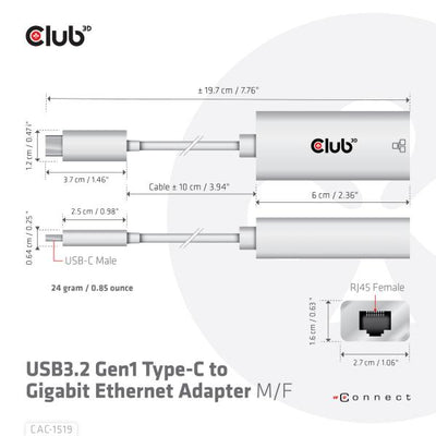 CLUB3D USB TYPE C 3.1 GEN 1 GEN 1 MALE TO 1GB ETHERNET FEMALE ACTIVE ADAPTER [CAC-1519]