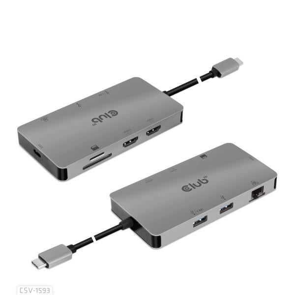 HUB CLUB3D USB 3.2 GEN1 TYPE-C 8-EN-1 CON 2X HDMI, 2X USB-A, RJ45, RANURAS PARA TARJETAS SD/MICRO SD Y USB [CSV-1593] 