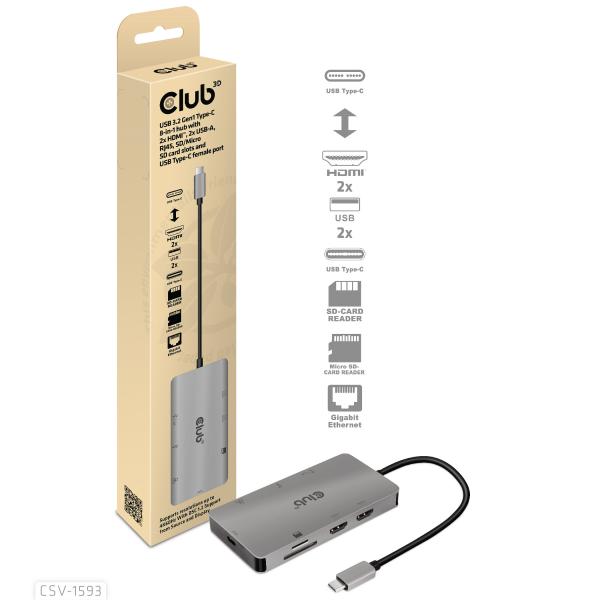 HUB CLUB3D USB 3.2 GEN1 TYPE-C 8-EN-1 CON 2X HDMI, 2X USB-A, RJ45, RANURAS PARA TARJETAS SD/MICRO SD Y USB [CSV-1593] 