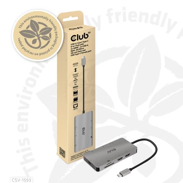 HUB CLUB3D USB 3.2 GEN1 TYPE-C 8-EN-1 CON 2X HDMI, 2X USB-A, RJ45, RANURAS PARA TARJETAS SD/MICRO SD Y USB [CSV-1593] 