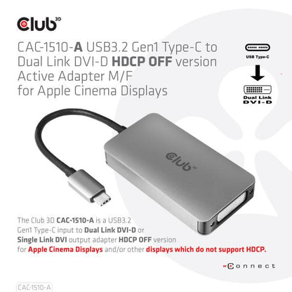 CLUB3D USB TYPE C TO DVI I DUAL LINK SUPPORTS 4K30HZ RESOLUTIONS - HDCP OFF [CAC-1510-A]