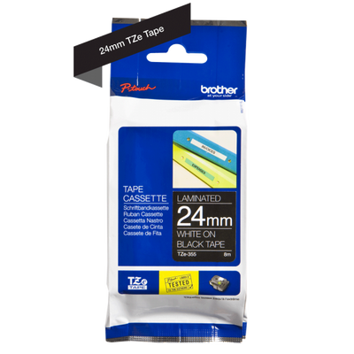 BROTHER NASTRO LAMINATO DA 24MM LUNGHEZZA 8 METRI COLORE BIANCO SU FONDO NERO [TZE355]
