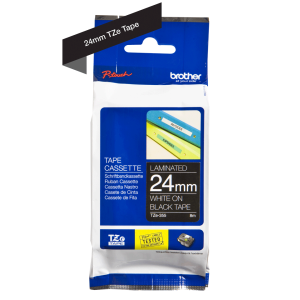 BROTHER NASTRO LAMINATO DA 24MM LUNGHEZZA 8 METRI COLORE BIANCO SU FONDO NERO [TZE355]
