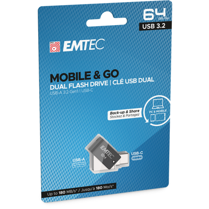 Emtec T260C unità flash USB 64 GB USB Type-A / USB Type-C 3.2 Gen 1 (3.1 Gen 1) Nero, Acciaio inossidabile [ECMMD64GT263C]