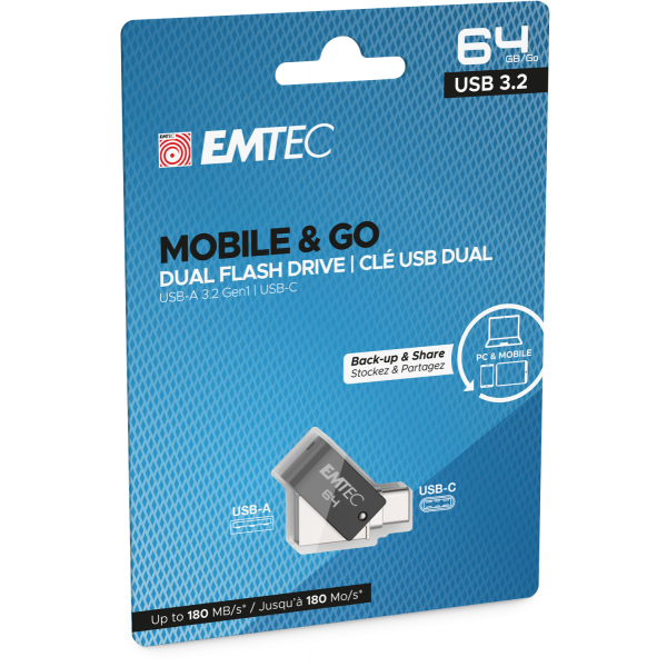 Emtec T260C unità flash USB 64 GB USB Type-A / USB Type-C 3.2 Gen 1 (3.1 Gen 1) Nero, Acciaio inossidabile [ECMMD64GT263C]