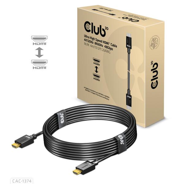 CLUB3D CAVO ULTRA HIGHT SPEED HDMI 4K120Hz, 8K60Hz 48Gbps M/M 4 MT 13.12ft 26AWG [CAC-1374]