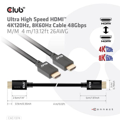 CLUB3D CAVO ULTRA HIGHT SPEED HDMI 4K120Hz, 8K60Hz 48Gbps M/M 4 MT 13.12ft 26AWG [CAC-1374]
