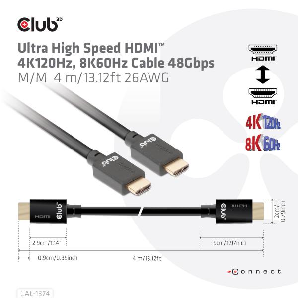 CLUB3D CAVO ULTRA HIGHT SPEED HDMI 4K120Hz, 8K60Hz 48Gbps M/M 4 MT 13.12ft 26AWG [CAC-1374]