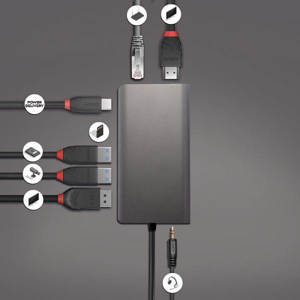 LINDY No. 43323 - DST-Mini XT, Mini Docking Station per Laptop USB C, con Supporto 4K su un Singolo Display o Full HD su Doppio Display & Ricarica [LIN-43323]