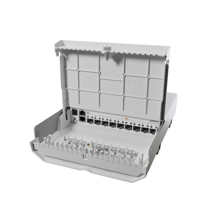 MikroTik - netFiber 9 with 800MHz ARM v7 CPU, 256MB RAM, 4 x 10G SFP+ ports, 5 x 1G SFP ports, 1 x Gigabit Ethernet port (PoE-In), RouterOS L5 license, outdoor enclosure, mounting kit, PSU, PoE inject [CRS310-1G-5S-4S+OUT]