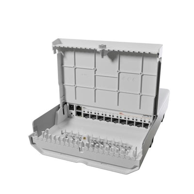 MikroTik - netFiber 9 with 800MHz ARM v7 CPU, 256MB RAM, 4 x 10G SFP+ ports, 5 x 1G SFP ports, 1 x Gigabit Ethernet port (PoE-In), RouterOS L5 license, outdoor enclosure, mounting kit, PSU, PoE inject [CRS310-1G-5S-4S+OUT]